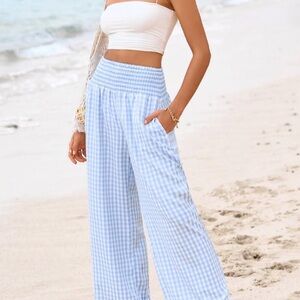 NWT Wide-Leg Blue Gingham Pants. LOOSE FIT. HIGH WAIST.